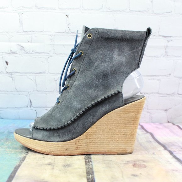 L.L. Bean Shoes - LL Bean Black Suede Peep Toe Lace Up Wedge Heel Booties Size 7 M